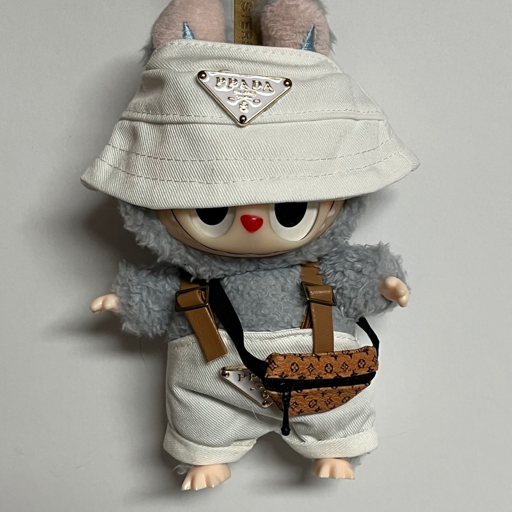 Designer Overalls Bucket Hat Bag 3 Piece Outfit For Labubu White